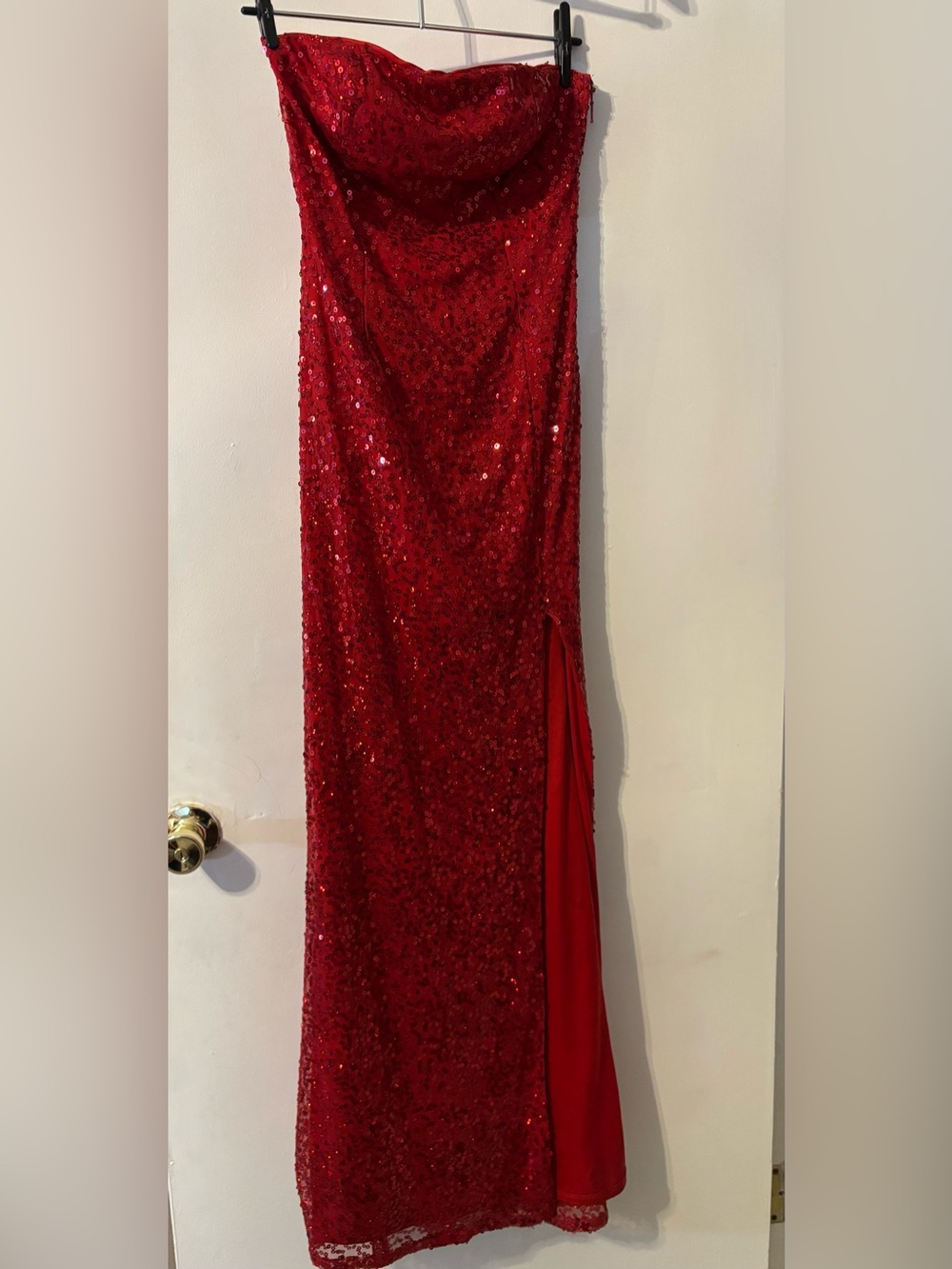 Strapless Red Sequin Gown with Side Slit